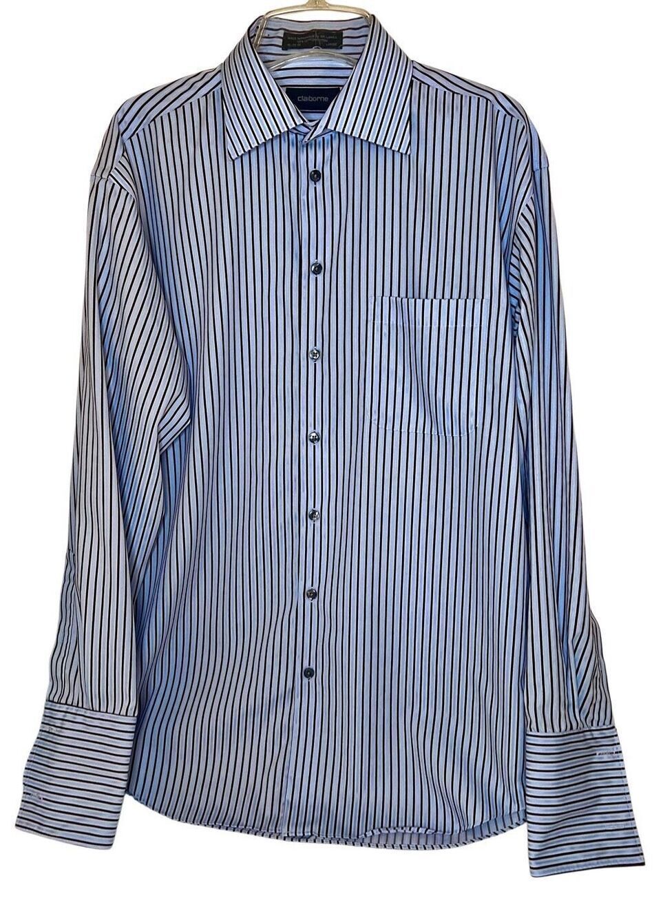 Claiborne Blue Stripe French Cuff Dress Shirt Sz L 16 34/35 EC Worn By Actor